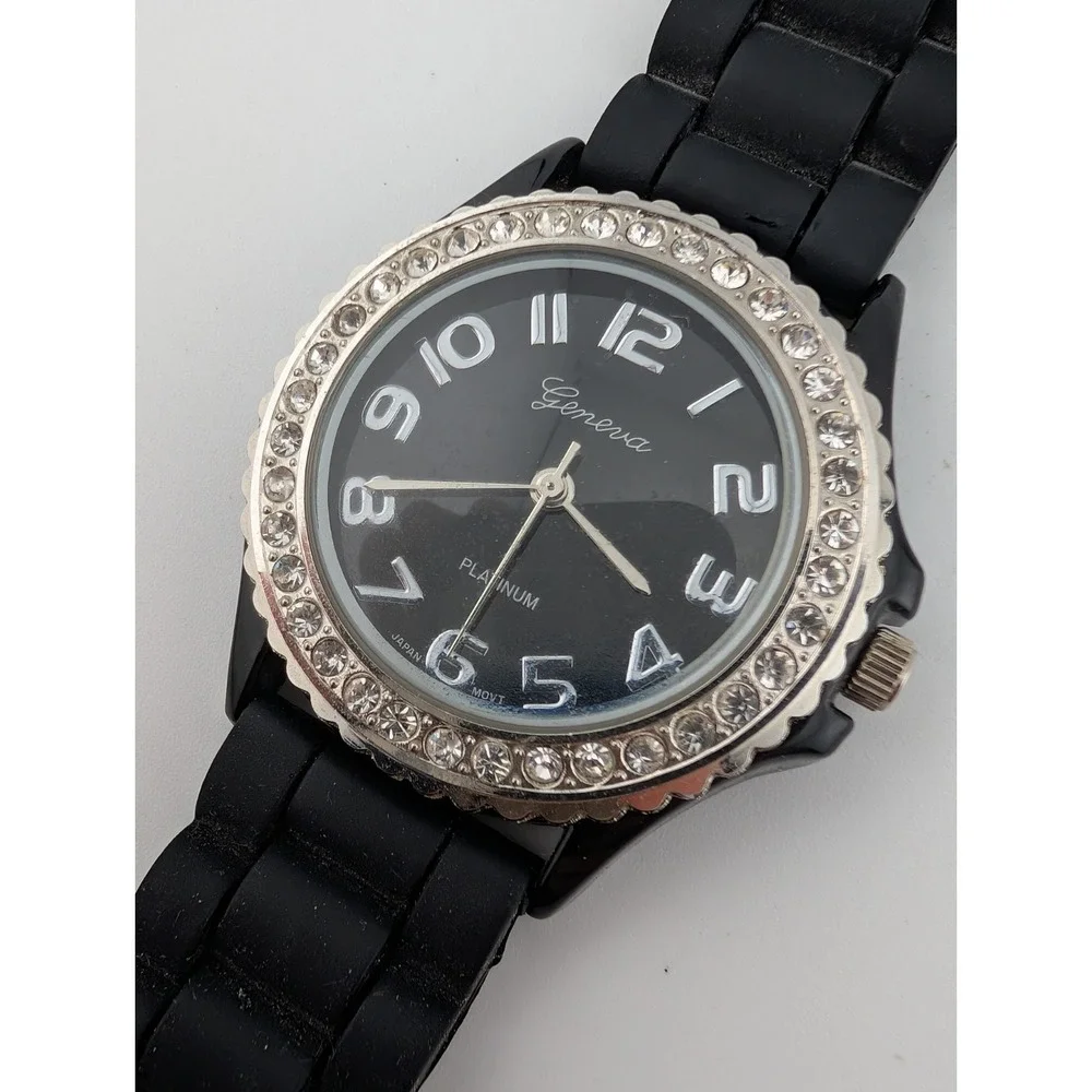 Geneva Women's Watch 38mm Case Rhinestone Bezel Black Silicone Band- New Battery